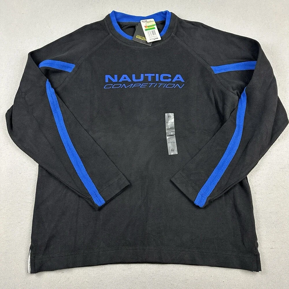 Vintage Nautica Competition Sweater Men Large Black Blue Crewneck Y2K Deadstock